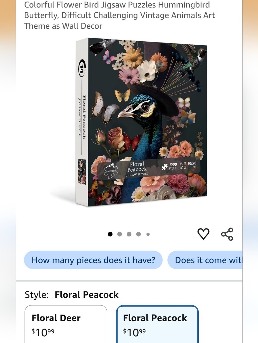 Floral Peacock Bird Puzzle - 1000 Piece (Black/Blue)